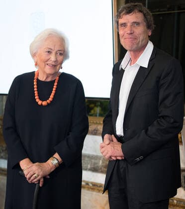 Queen Paola of Belgium and jury chairman Alain Hubert pictured during a royal visit to the ceremony ceremony for the Terre d avenir Focus Aarde science awards in Brussels Academy palace, Wednesday 09 October 2019. This award is an initiative of Queen Paola foundation organised in collaboration with Dirk Frimout foundation.  BENOITxDOPPAGNE 2410453