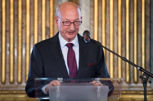 jury chairman Dirk Frimout pictured during a royal visit to the ceremony ceremony for the Terre d avenir Focus Aarde science awards in Brussels Academy palace, Wednesday 09 October 2019. This award is an initiative of Queen Paola foundation organised in collaboration with Dirk Frimout foundation.  BENOITxDOPPAGNE 2410455