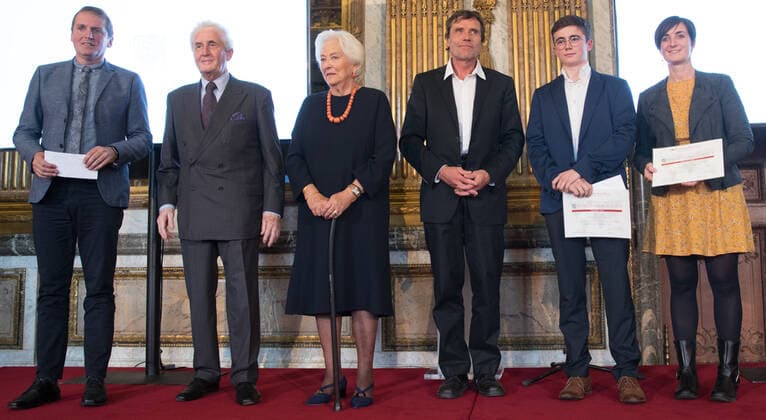Comte Bernard de Traux de Wardin (2), Queen Paola of Belgium, Alain Hubert (3R) and Julien Pirnay (Prix Communaute Francaise Waimes Athenee Royale) (2R) pictured during a royal visit to the ceremony ceremony for the Terre d avenir Focus Aarde science awards in Brussels Academy palace, Wednesday 09 October 2019. This award is an initiative of Queen Paola foundation organised in collaboration with Dirk Frimout foundation.  BENOITxDOPPAGNE 05683404