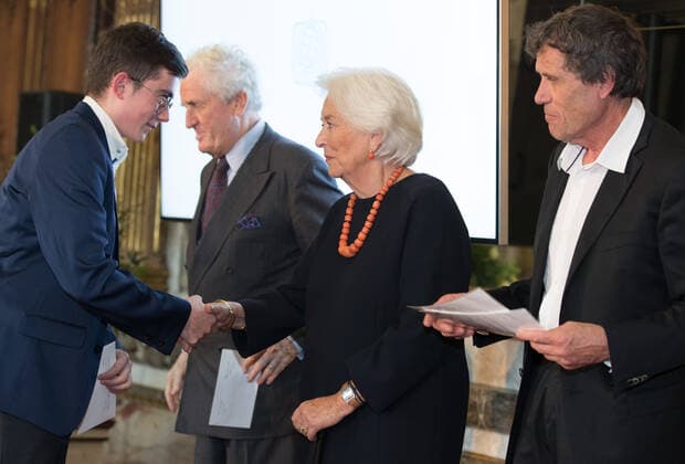 Julien Pirnay (Prix Communaute Francaise Waimes Athenee Royale), Queen Paola of Belgium and Alain Hubert pictured during a royal visit to the ceremony ceremony for the Terre d avenir Focus Aarde science awards in Brussels Academy palace, Wednesday 09 October 2019. This award is an initiative of Queen Paola foundation organised in collaboration with Dirk Frimout foundation.  BENOITxDOPPAGNE 2410473