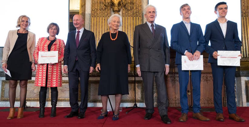 Queen Paola of Belgium (C) poses with the laureates of the Flemish Community at a royal visit to the ceremony ceremony for the Terre d avenir Focus Aarde science awards in Brussels Academy palace, Wednesday 09 October 2019. This award is an initiative of Queen Paola foundation organised in collaboration with Dirk Frimout foundation.  BENOITxDOPPAGNE 2410480