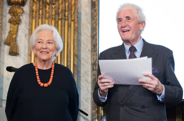 Queen Paola of Belgium and Queen Paola foundation Chairman Comte Bernard de Traux de Wardin pictured during a royal visit to the ceremony ceremony for the Terre d avenir Focus Aarde science awards in Brussels Academy palace, Wednesday 09 October 2019. This award is an initiative of Queen Paola foundation organised in collaboration with Dirk Frimout foundation.  BENOITxDOPPAGNE 05683442
