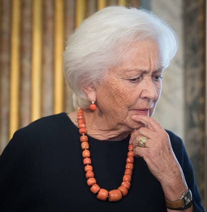 Queen Paola of Belgium pictured during a royal visit to the ceremony ceremony for the Terre d avenir Focus Aarde science awards in Brussels Academy palace, Wednesday 09 October 2019. This award is an initiative of Queen Paola foundation organised in collaboration with Dirk Frimout foundation.  BENOITxDOPPAGNE 05683432