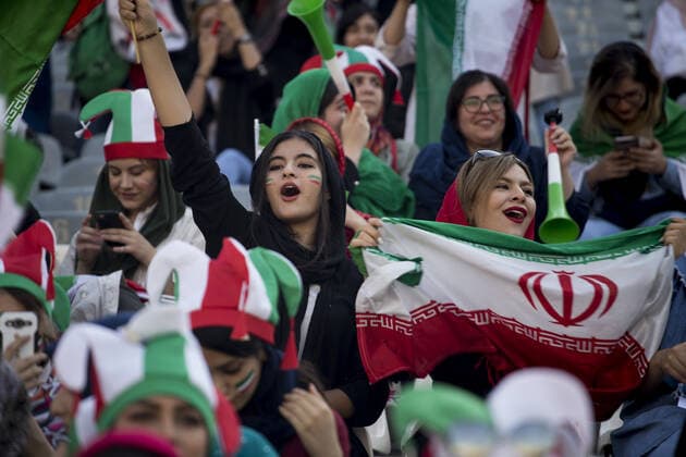 October 10, 2019, Tehran, Iran: Iranian women cheer as they arrive at the Azadi Stadium to watch the 2022 World Cup qualifier soccer match between Iran and Cambodia, in Tehran, Iran. Iranian women were freely allowed into the stadium for the first time in decades. They had been banned since 1981. Tehran Iran - ZUMAf146 20191010_zip_f146_002 Copyright: xRouzbehxFouladix