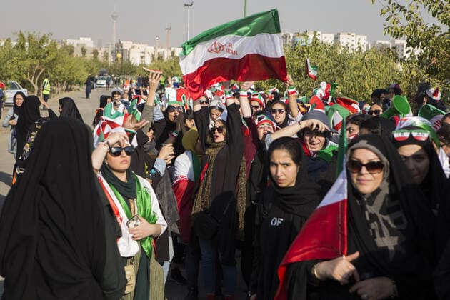October 10, 2019, Tehran, Iran: Iranian women cheer as they arrive at the Azadi Stadium to watch the 2022 World Cup qualifier soccer match between Iran and Cambodia, in Tehran, Iran. Iranian women were freely allowed into the stadium for the first time in decades. They had been banned since 1981. Tehran Iran - ZUMAf146 20191010_zip_f146_016 Copyright: xRouzbehxFouladix