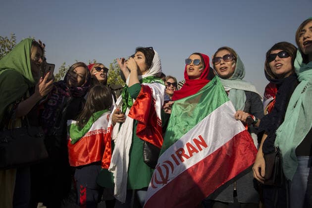 October 10, 2019, Tehran, Iran: Iranian women cheer as they arrive at the Azadi Stadium to watch the 2022 World Cup qualifier soccer match between Iran and Cambodia, in Tehran, Iran. Iranian women were freely allowed into the stadium for the first time in decades. They had been banned since 1981. Tehran Iran - ZUMAf146 20191010_zip_f146_021 Copyright: xRouzbehxFouladix