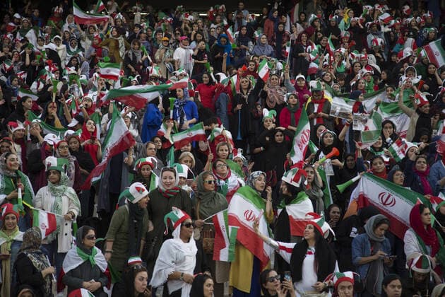 October 10, 2019, Tehran, Iran: Iranian women cheer during a soccer match between their national team and Cambodia in the 2022 World Cup qualifier at the Azadi (Freedom) Stadium in Tehran, Iran. Iranian women were freely allowed into the stadium for the first time in decades. The decision follows the death of a young woman who set herself on fire after hearing she could face prison time for sneaking into an Iranian soccer match disguised as a man. Tehran Iran - ZUMAf146 20191010_zip_f146_026 Copyright: xRouzbehxFouladix