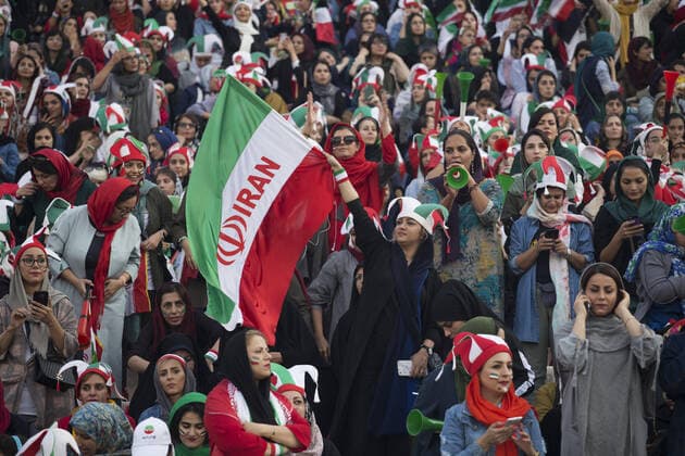 October 10, 2019, Tehran, Iran: Iranian women cheer during a soccer match between their national team and Cambodia in the 2022 World Cup qualifier at the Azadi (Freedom) Stadium in Tehran, Iran. Iranian women were freely allowed into the stadium for the first time in decades. The decision follows the death of a young woman who set herself on fire after hearing she could face prison time for sneaking into an Iranian soccer match disguised as a man. Tehran Iran - ZUMAf146 20191010_zip_f146_030 Copyright: xRouzbehxFouladix