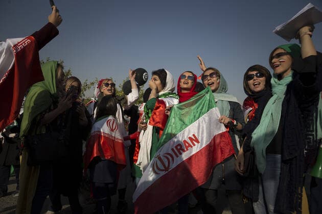 October 10, 2019, Tehran, Iran: Iranian women cheer as they arrive at the Azadi Stadium to watch the 2022 World Cup qualifier soccer match between Iran and Cambodia, in Tehran, Iran. Iranian women were freely allowed into the stadium for the first time in decades. They had been banned since 1981. Tehran Iran - ZUMAf146 20191010_zip_f146_061 Copyright: xRouzbehxFouladix