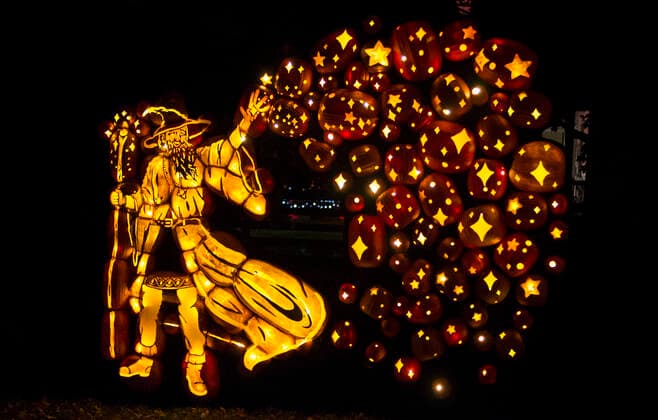 (191013) -- MORRISBURG, Oct. 13, 2019 -- Handcraft pumpkin carvings are seen during the 2019 Pumpkinferno at Upper Canada Village in Morrisburg, Ontario, Canada, Oct. 12, 2019. (Photo by Zou Zheng Xinhua) CANADA-ONTARIO-MORRISBURG-PUMPKINFERNO ZouxZhuo 