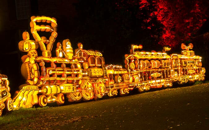 (191013) -- MORRISBURG, Oct. 13, 2019 -- Handcraft pumpkin carvings are seen during the 2019 Pumpkinferno at Upper Canada Village in Morrisburg, Ontario, Canada, Oct. 12, 2019. (Photo by Zou Zheng Xinhua) CANADA-ONTARIO-MORRISBURG-PUMPKINFERNO ZouxZhuo 