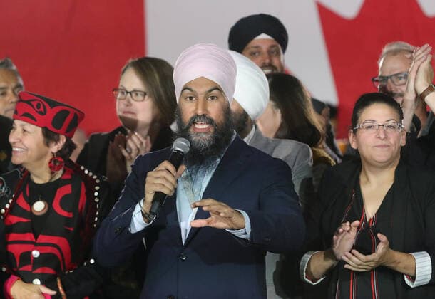 Canadian NDP Party leader Jagmeet Singh speaks during a rally in Surrey, British Columbia on Sunday, October 13, 2019 during a day of 2019 federal election campaigning in the BC lower mainland. Election day is October 21, 2019.  VAP2019101304 HEINZxRUCKEMANN