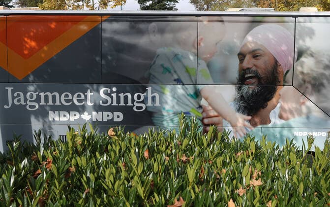 Canadian NDP Party leader Jagmeet Singh s campaign bus parked at a rally which Singh is holding in Surrey, British Columbia on Sunday, October 13, 2019 during a day of federal election campaigning in the BC lower mainland. Election day is October 21, 2019.  VAP2019101318 HEINZxRUCKEMANN