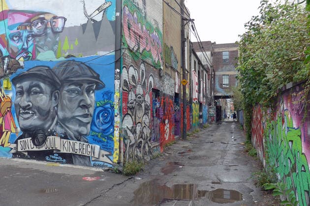The so-called Graffiti Alley in Rush Lane in Toronto, Canada