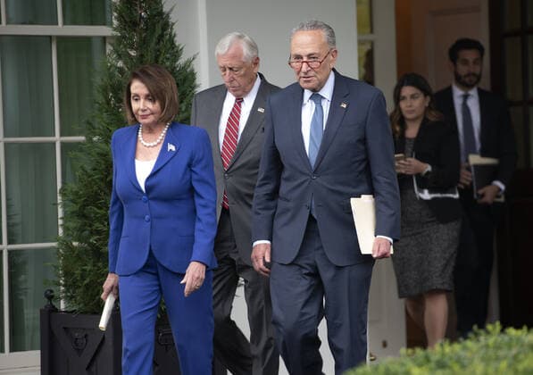 Bilder des Jahres 2019, News 10 Oktober News Themen der KW42 October 16, 2019, Washington, District of Columbia, USA: Speaker of the United States House of Representatives NANCY PELOSI (Democrat of California), US House Majority Leader STENY HOYER (Democrat of Maryland) and US Senate Minority Leader CHUCK SCHUMER (Democrat of New York) depart the White House to address reporters after another meeting with US President Donald J. President Trump on Wednesday. Washington USA - ZUMAs152 20191016_zaa_s152_070 Copyright: xRonxSachsx