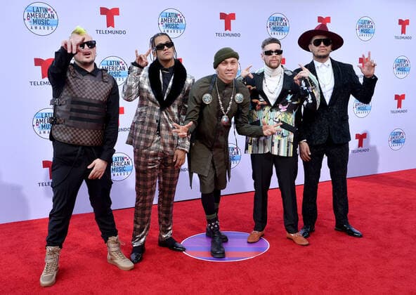 Taboo (C) with Piso 21 arrive for the fifth annual Latin American Music Awards at the Dolby Theatre in the Hollywood section of Los Angeles on Thursday, October 17, 2019. The annual event honors outstanding achievements for artists in the Latin music industry.  LAP20191017260 JIMxRUYMEN