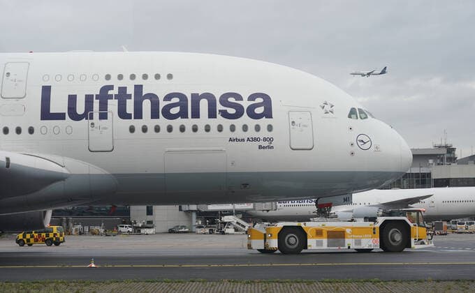 Lufthansas A380 at Frankfurt Airport at the aircraft tug Frankfurt 16 10 2019 Eichwaldschule Schaafheim at Frankfurt Airport