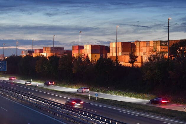 Theme picture Export, container, Kloiber container depot next to the DUSS container railway station Munich Riem and the motorway A94 near Feldkirchen in the federal state Bavaria in the evening, evening mood,