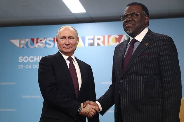 ATTENTION EDITORS! WRONG NAME OF PHOTOGRAPHER IN CAPTIONS FOR TASS IMAGES ID TS0C004C; TS0C004D; TS0C004E; TS0C004F; TS0C0050, DATED 23 OCTOBER 2019, TITLED Presidents of Russia and Namibia meet in Sochi ; THE CORRECT NAME OF PHOTOGRAPHER IS SERGEI FADEICHEV. EXAMPLE OF CORRECT CAPTION FOLLOWS: SOCHI, RUSSIA - OCTOBER 23, 2019: Russia s President Vladimir Putin (L) and Namibia s President Hage Gottfried Geingob shake hands during a meeting on the sidelines of the 2019 Russia-Africa Summit at the Sirius Park of Science and Art. Sergei Fadeichev TASS Host Photo Agency WE REGRET ANY INCONVENIENCE CAUSED!  X00010C3