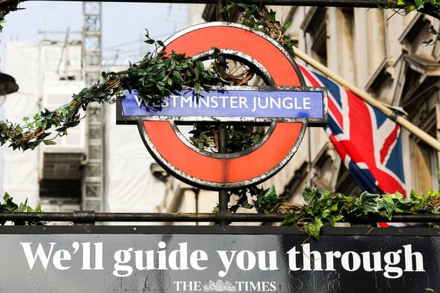 Bilder des Jahres 2019, News 10 Oktober October 23, 2019, London, United Kingdom: The London underground sign for Westminster tube station is changed to ˜Westminster Jungle™ as part of a promotion by The Times and The Sunday Times newspapers. The News UK titles have made the tube station closest to parliament the focal point of their latest Politics. Tamed campaign, on the day the UK government paused the parliamentary process for the Brexit Bill and aims to underscore their commitment to keeping readers well informed in confusing political times London United Kingdom - ZUMAs197 20191023_zab_s197_033 Copyright: xStevexTaylorx