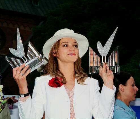 Maria Naumova is a Latvian singer of Russian descent who won the Eurovision song contest in 2002 under the pseudonym Marie N. In the picture: Maria Naumova with the main prize of Eurovision 2002 in Riga. Date of shooting: 2002.05.27 VictorxLisitsyn 