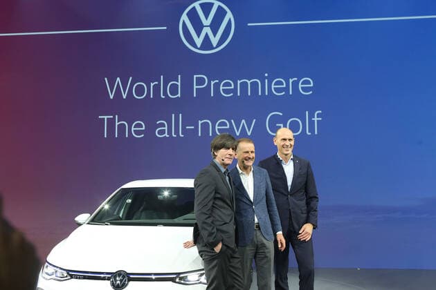 Wolfsburg Lower Saxony Volkswagen, VW, PraÌˆsentation Golf 8, Golf VIII in Wolfsburg, Autostadt, Hafen 1, picture shows Joachim Löw from left to right Herbert Diess and Ralf Brandstätter
