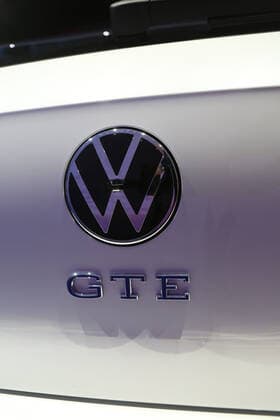 Wolfsburg Lower Saxony Volkswagen, VW, PraÌˆsentation Golf 8, Golf VIII in Wolfsburg, Autostadt, Hafen 1, picture shows detail VW Golf GTE lettering Logo