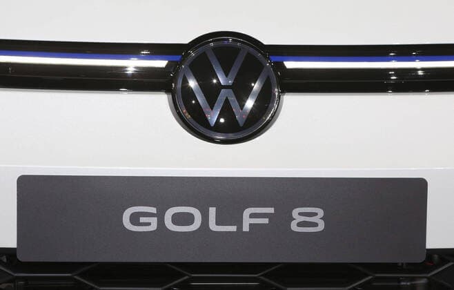 Wolfsburg Lower Saxony Volkswagen, VW, PraÌˆsentation Golf 8, Golf VIII in Wolfsburg, Autostadt, Hafen 1, picture shows detail front with VW logo and Golf 8 lettering