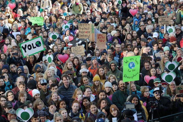 Swedish teen activist Greta Thunberg joins for the post federal election Friday climate strike march starting and ending at the Vancouver Art Gallery in Vancouver, British Columbia on Friday, October 25, 2019. Organized by local youth-led, Sustainabiliteens, Greta and a turn out of nearly 10,000 climate activists demand action from industry and the various levels of government and are supporting the 15-youth who announced their plans to sue the federal government alleging it has contributed to climate change.  VAP2019102509 HEINZxRUCKEMANN