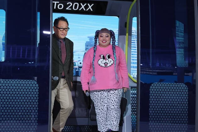 October 26, 2019, Tokyo, Japan - Toyota Motor president Akio Toyoda (L) and TV personality Naomi Watanabe (R) arrive at the Toyota booth with an autonomous driving concept vehicle e-Palette as they hold a talk show at the Toyota booth at the Tokyo Motor Show in Tokyo on Saturday, October 26, 2019. Toyota displayed future mobilities and robots at the show.  (115176918)