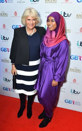 . 28 10 2019. London, United Kingdom. The Duchess of Cornwall with Khadijah Mellah, the first British Muslim woman to win a horserace in the UK at the premiere of Riding A Dream , the film about her in London.  xi-Imagesx IIM-20320-0015