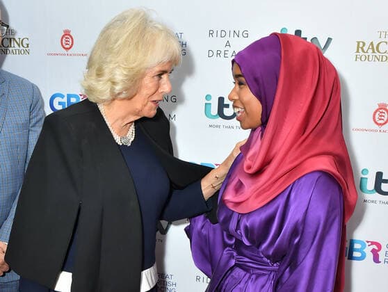 . 28 10 2019. London, United Kingdom. The Duchess of Cornwall with Khadijah Mellah, the first British Muslim woman to win a horserace in the UK at the premiere of Riding A Dream , the film about her in London.  xi-Imagesx IIM-20320-0018
