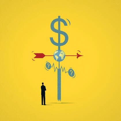 Businessman looks at dollar sign and question mark on a weather vane  Copyright: xMarkxAirsx 11810210
