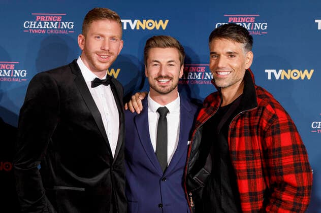 Nicolas Puschmann with candidates Lars and Adrianv at the premiere of the TVNOW Gay Dating Show Prince Charming in Hennes Terrasse am Mauritiuswall Cologne, 29 10 2019 Foto:xC.xHardtx xFuturexImage