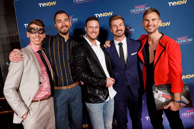 Nicolas Puschmann with candidates Manuel, Antonio, Simon and Pascal at the premiere of the TVNOW Gay Dating Show Prince Charming in Hennes Terrasse am Mauritiuswall Cologne, 29 10 2019 Foto:xC.xHardtx xFuturexImage