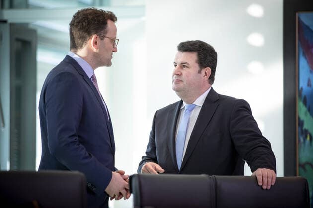 Federal Labour Minister Hubertus Heil, SPD, r and Federal Health Minister Jens Spahn, CDU, l taken before the start of a cabinet meeting at the Federal Chancellery Berlin, 30 10 2019 Berlin Germany Copyright: xJaninexSchmitz photothek.netx