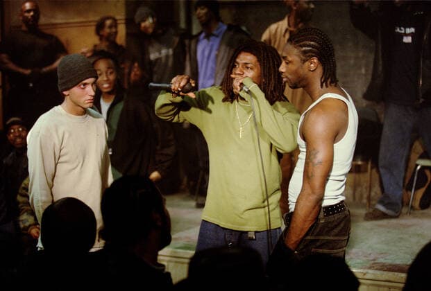 Eminem, Mekhi Phifer & Nashawn Ox Breedlove Characters: Jimmy B-Rabbit Smith,David Future Porter & Film: 8 Mile (USA DE 2002) Marshall Bruce Mathers Iii Director: Curtis Hanson 08 September 2002  Copyright: MaryxEvansxAFxArchivexUniversal 12588311 editorial use only