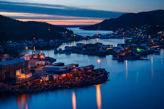 Twilight over a small town harbor in Newfoundland Canada, Newfoundland and Labrador, Englee CR_ADWO190924C-206768-01