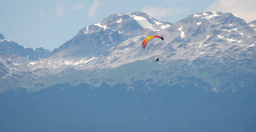 Paragliders fly high above snow covered mountains on a sunny day. Canada, British Columbia, Pemberton CR_PSFZ191014B-213720-01