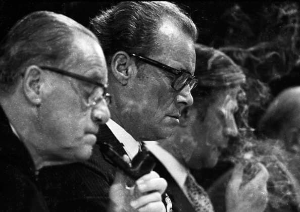 SPD-Parteitag 1972 DEU, Deutschland, Dortmund: Die Wahl zum Bundestag 1972, hier der SPD-Parteitag am 13.10.1972 in Dortmund, endete mit der groessten Zustimmung fuer die SPD in der Geschichte der Bundesrepublik.Herbert Wehner, Willy Brandt, Helmut Schmidt von l. DEU, Germany, Dortmund: The election to the Bundestag in 1972, here the SPD party conference in Dortmund on 13.10.1972, ended with the greatest approval for the SPD in the history of the Federal Republic. NRW