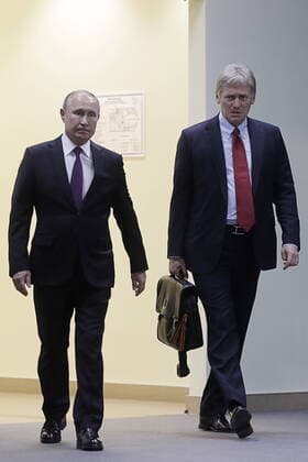 OMSK, RUSSIA - NOVEMBER 7, 2019: Russia s President Vladimir Putin (L) and Russian Presidential Spokesman Dmitry Peskov ahead of a meeting with Kazakhstan s President Kassym-Jomart Tokayev on the sidelines of the 16th Russia-Kazakhstan Interregional Cooperation Forum at the Congress Hall. Mikhail Metzel TASS  TS0C21E9