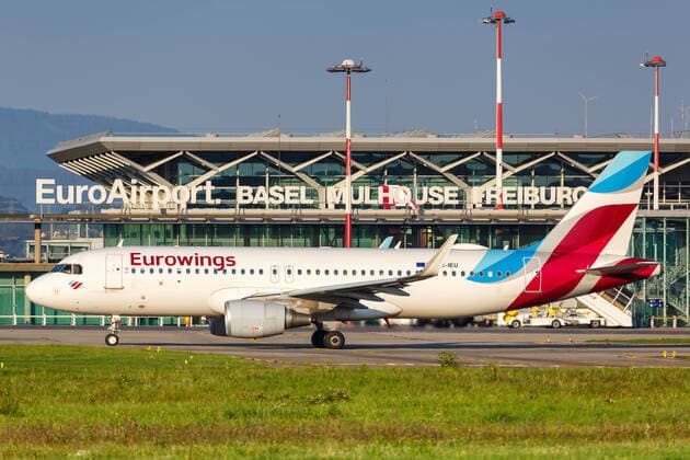 Eurowings Airbus A320 Aircraft Basel Mulhouse Mulhouse Airport, France 31 August 2019 A Eurowings Europe Airbus A320 with OE IEU licence number at EuroAirport Basel Mulhouse EAP Airport in France
