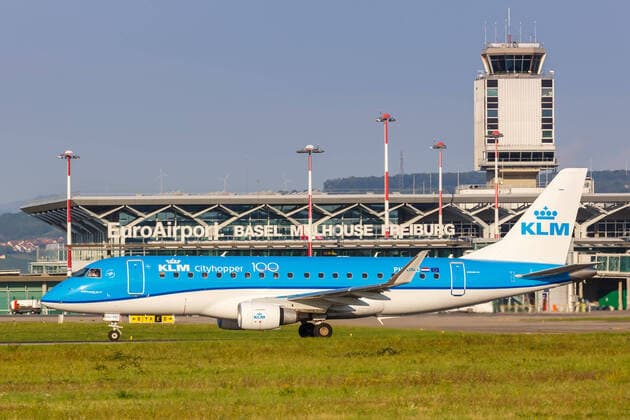 KLM cityhopper Embraer 175 Aircraft Basel Mulhouse Mulhouse Airport, France 31 August 2019 One KLM cityhopper Embraer 175 with PH EXJ license plate at EuroAirport Basel Mulhouse EAP Airport in France