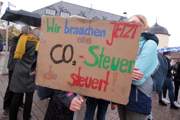 For the first time a demonstration of the Fridays For Future movement took place in Hofheim, Main Taunus Kreis, Hesse, Germany, with a poster saying we need a CO2 tax that controls