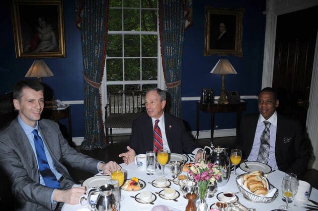 May 19, 2010, Manhattan, New York, United States Of America: NEW YORK - MAY 19: Cultural icon and Nets investor JAY-Z and Nets owner Mikhail Prokhorov celebrate Prokhorov s purchase of the team at Bbreakfast today with Mayor Michael Bloomberg at Gracie Mansion. on May 19, 2010 in New York City. Prokhorov is representing the Nets at the NBA Draft Lottery in which the team could secure the first pick. ..People: Mikhail Prokhorov_Michael Bloomberg_JAY-Z Manhattan United States Of America - ZUMAs214 20100519_zaa_s214_007 Copyright: xSMGx