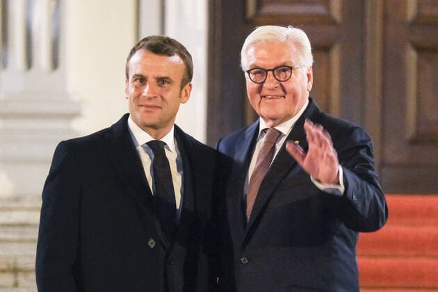 Emmanuel Macron, President of France and Frank Walter Steinmeier, Federal President, before the subsequent dinner at Bellevue Castle on 10 11 2019 in Berlin Federal President Steinmeier meets Emmanuel Macron in Berlin