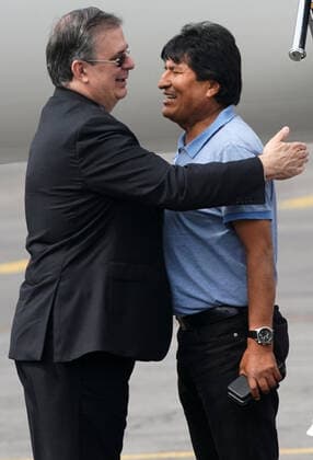 (191112) -- MEXICO CITY, Nov. 12, 2019 -- Evo Morales (R) is welcomed by Mexican Foreign Minister Marcelo Ebrard upon his arrival at the airport in Mexico City, capital of Mexico, on Nov. 12, 2019. Evo Morales, who had been offered political asylum by the Mexican government after announcing his resignation as Bolivian president, arrived in Mexico City on Tuesday. ) MEXICO-MEXICO CITY-EVO MORALES-ARRIVAL DavidxdexlaxPaz 