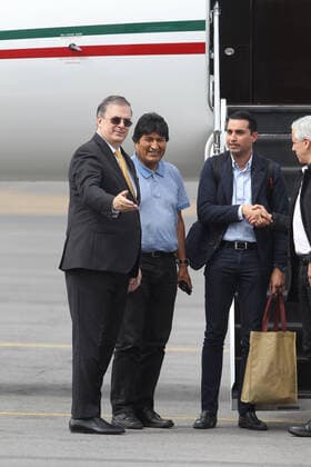 November 12, 2019, Mexico, Mexico, MEXICO: Evo Morales, former president of Bolivia is welcomed by Foreign Secretary of Mexico, (L) Marcelo Ebrad as he arrives in Mexico City on Tuesday, November 12, 2019 after accepting an offer of political asylum by Mexican president Lopez Obrador in the wake of what Morales has described as a coup against him by Bolivia s military and opposition. OCTAVIO NAVA PI Mexico MEXICO - ZUMAp124 20191112_zaa_p124_017 Copyright: xOctavioxNavax