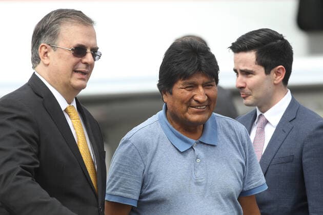 November 12, 2019, Mexico, Mexico, MEXICO: Evo Morales, former president of Bolivia is welcomed by Foreign Secretary of Mexico, (L) Marcelo Ebrad as he arrives in Mexico City on Tuesday, November 12, 2019 after accepting an offer of political asylum by Mexican president Lopez Obrador in the wake of what Morales has described as a coup against him by Bolivia s military and opposition. OCTAVIO NAVA PI Mexico MEXICO - ZUMAp124 20191112_zaa_p124_022 Copyright: xOctavioxNavax