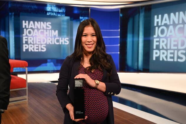 Presenter and prizewinner Mai Thi Nguyen Kim poses at the Hanns Joachim Friedrichs Prize for Television Journalism 2019 on 14 11 2019 in Cologne The prize is awarded once a year to television journalists who have achieved outstanding results in their work